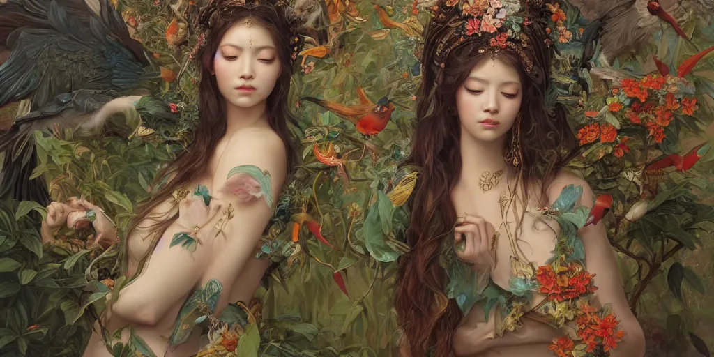 Image similar to breathtaking detailed concept art painting of the goddess of exotic bird, orthodox saint, with anxious, piercing eyes, ornate background, amalgamation of leaves and flowers, by hsiao - ron cheng and john james audubon and miho hirano, extremely moody lighting, 8 k