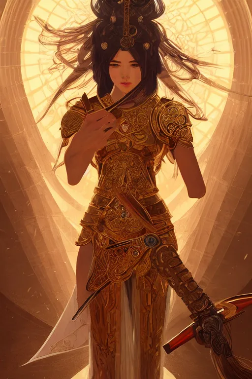 Prompt: portrait knights of zodiac girl, golden and copper shining armor, bushido katana, in ruined agora of athens sunrise, ssci - fi and fantasy, intricate and very very beautiful and elegant, highly detailed, digital painting, artstation, concept art, smooth and sharp focus, illustration, art by tian zi and wlop and alphonse mucha