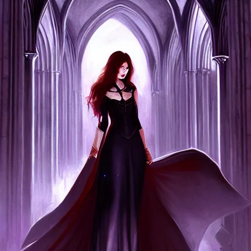 Prompt: a portrait digital painting of mary elizabeth winstead as a vampire in a gothic cathedral at night. painted by artgerm, ross tran.