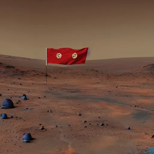 Prompt: martian flag over the colony on mars, photorealistic