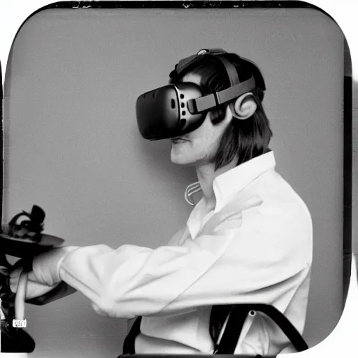 Prompt: a black and white polaroid of a man using virtual reality in the 60s