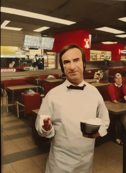 Prompt: Whole body and face wide shot of saul goodman in a kfc arguing with staff created like it's out of the 1970s polaroid clear, colorful image