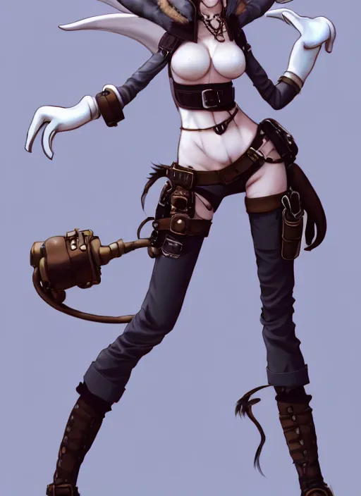 Image similar to wide angle beautiful full body portrait of a strong female anthropomorphic anthro lynx fursona wearing a steampunk leather shorts. from behind, character design by disney, anime, manga, charlie bowater, ross tran, artgerm, and makoto shinkai, detailed, soft lighting, rendered in octane, white fur, white face, lynx facial features