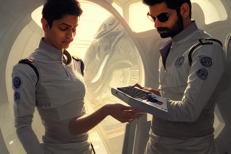 Prompt: Sensual good looking pale young Indian doctors wearing Deus Ex clothing in a space station above Earth, portrait, elegant, intricate, digital painting, artstation, concept art, smooth, sharp focus, illustration, art by artgerm and greg rutkowski and alphonse mucha