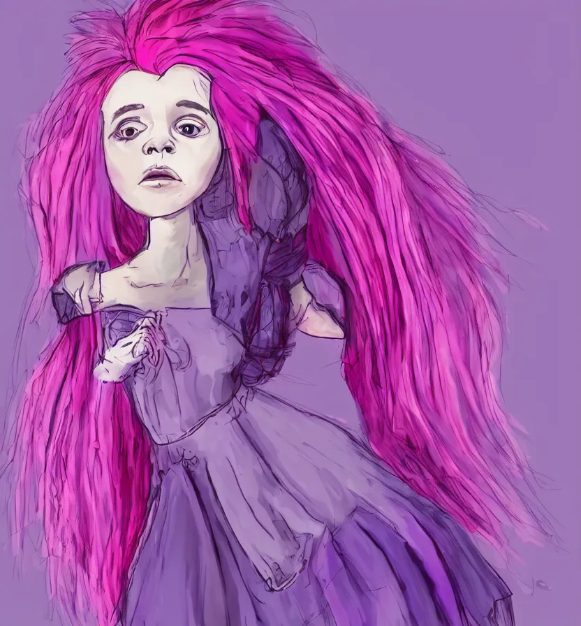 Prompt: little girl with eccentric pink hair wearing a dress made of purple feathers, anatomically perfect, concept art, cartoon art style