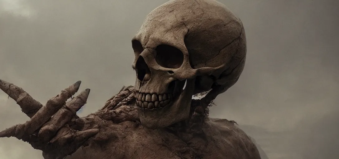 Prompt: a skull in the shape of a skull, foggy, cinematic shot, photo still from movie by denis villeneuve, wayne barlowe