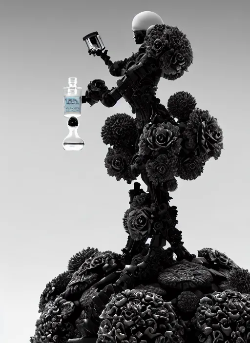 Image similar to biomechanical black marble statue carrying perfume bottle. enchanted coral kingdom made of corals, daisies, roses well contoured smooth fair walls, up close shot, sharp focus, global illumination, radiant light, alexandre ferra white mecha, irakli nadar, octane highly render, 4 k, ultra hd,