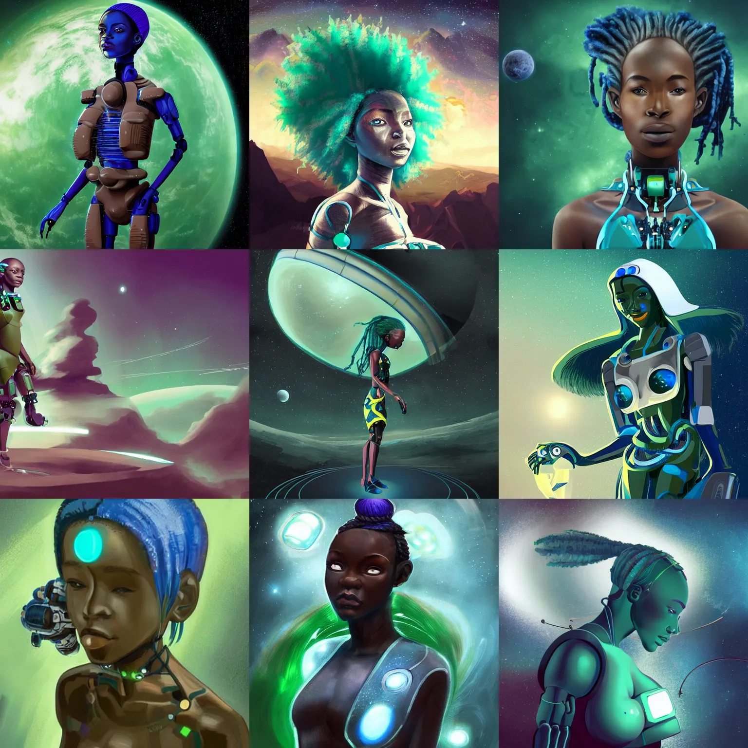 Prompt: concept art of beautiful futuristic himba girl with robotic arms and blue hair floating in a dark green space station, hyperrealistic, sci - fi