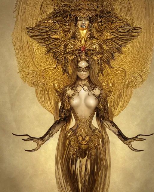 Image similar to concept art, angel woman, beautiful, frank frazetta, ornate, art nouveau, symmetrical, gold jewelry, high contrast, unbiased render, Emil melmoth, eerie, haunting, victorian, 8k, octane render, style of Gustav Klimt, head and shoulders