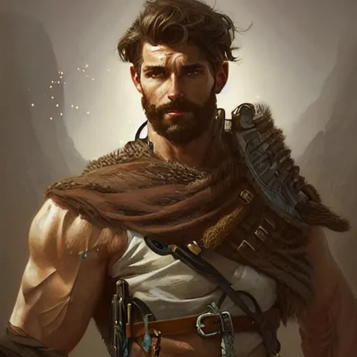 Image similar to Portrait of rugged male ranger, D&D, muscular, fantasy, intricate, elegant, highly detailed, digital painting, artstation, concept art, smooth, sharp focus, illustration, art by artgerm and greg rutkowski and alphonse mucha