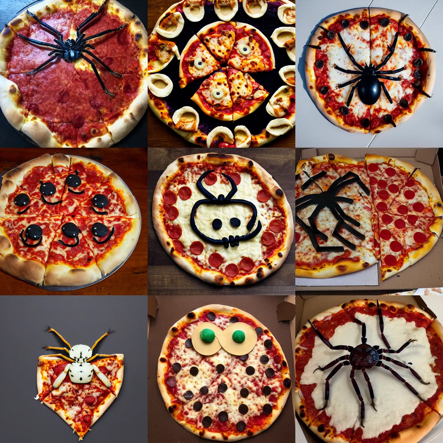 Prompt: a spider in the shape of a pizza, photo