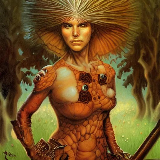 Prompt: portrait of a female mushroom warrior, by Gerald Brom