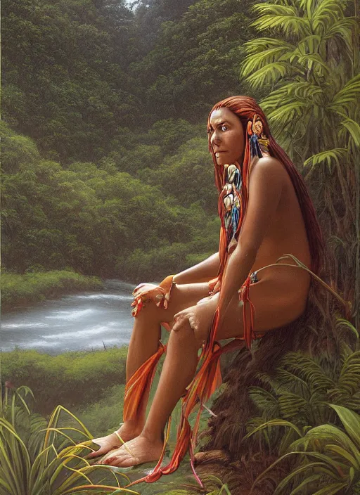 Image similar to a realistic painting of an indigenous female shaman relaxing near a river in the amazon jungle, gazing at the water, highly detailed, art by christophe vacher