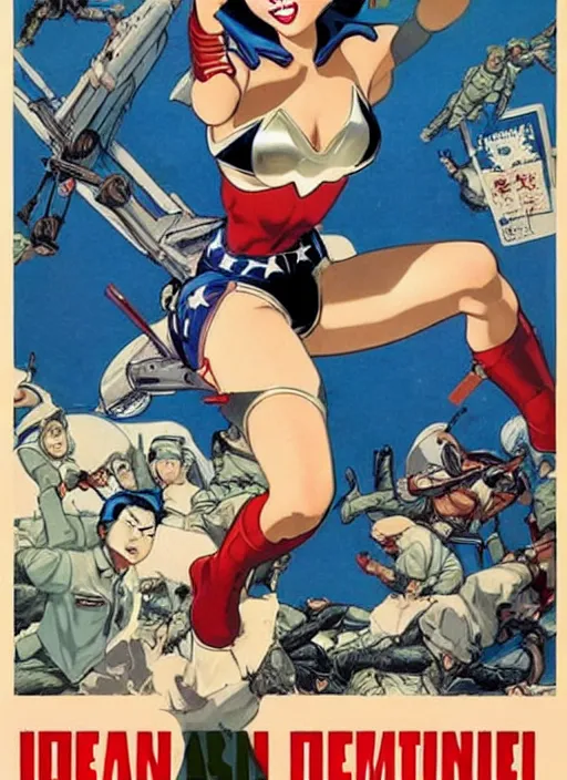 Image similar to asian female captain america standing on a pile of defeated ss soldiers. feminist captain america wins ww 2. american ww 2 propaganda poster by masamune shirow and pixar. gorgeous face. pin up. overwatch.