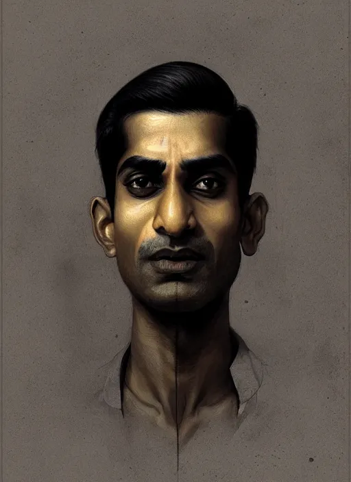 Prompt: portrait of an indian man with a crooked nose and a confident expression, 1 9 6 0 s, black clothes, goth, punk, funk, intricate, elegant, highly detailed, digital painting, artstation, concept art, smooth, sharp focus, illustration, art by wlop, mars ravelo and greg rutkowski