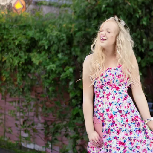 Image similar to young white girl, pink flowery dress, blond curly hair, causing mahem