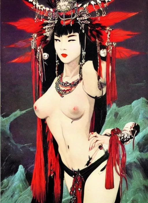 Image similar to female korean vampiress, jeweled headdress, heavy mascara, strong line, saturated color, beautiful! coherent! by frank frazetta, high contrast, minimalism