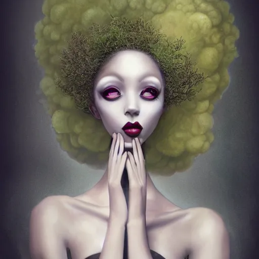 Image similar to of a woman with a afro , surreal Portrait inspired by Natalie Shau, Anna dittmann, plants growing on the head, horns,cinematic