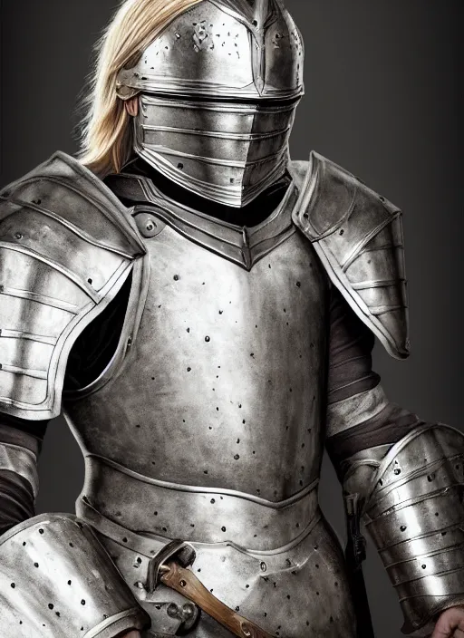 Prompt: handsome young knight with a beautiful face and clear skin, long blond hair, wearing an intricate and detailed plate armor, no helmet, high resolution, clear image, digital art, studio photo, 4 k, clear lines