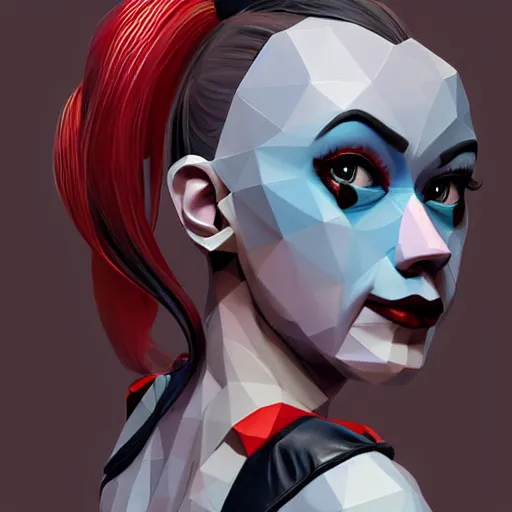 Image similar to digital art, low poly 3d render of Harley Quinn but she's a beautiful young ape-girl with long pony tails on either side of her head, illustration, by James Jean, artgerm, octane render, by John Coltrane and Marc Simonetti, Manic, graffiti, kinemacolor, colorful, high detail of the face, full body