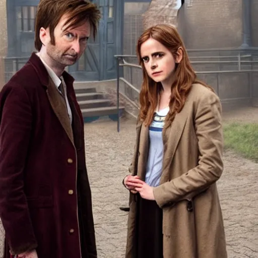 Image similar to david tennant as tenth doctor who and emma watson as hermione granger in tardis, a colorized photo by hinchel or, tumblr, fantastic realism, colorized, handsome, da vinci