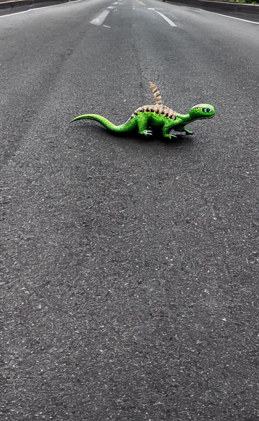 Prompt: a small dinosaur running cross the road, realistic, 3 5 mm, 4 k