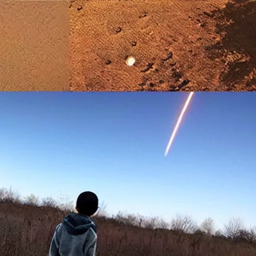 Image similar to a boy look to sky saw a huge meteor approach to earth