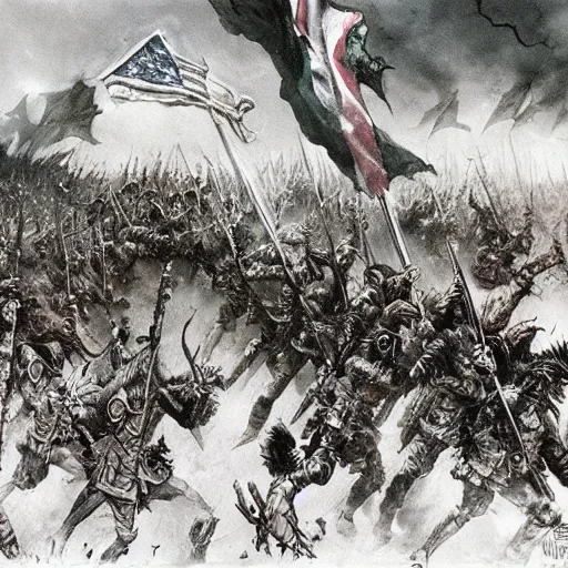 Image similar to an army of undead liches marching over a hill with flag bearers and trumpeters, intricate detail, royo, vallejo, frazetta, whealan,