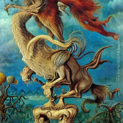 Image similar to strange mythical beasts of whimsy, surreal oil painting by ronny khalil and johfra, drawn by ernst haeckel, as an offering to zeus