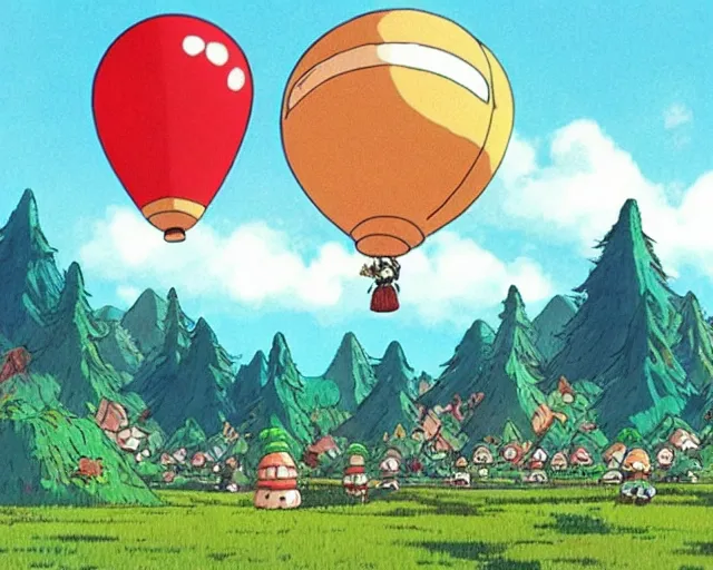 Prompt: mountain overseeing clown village next to a balloon forest, studio ghibli style, hayao miyazaki