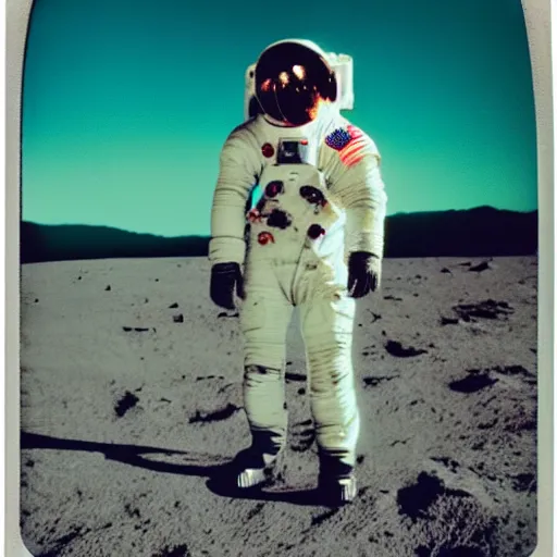 Prompt: vintage polaroid of a woman in a spacesuit, on the surface of the moon landing, warm azure tones, red color bleed, film grain