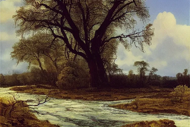 Image similar to painting of a old tree next to a meandering river by alexei savrasov