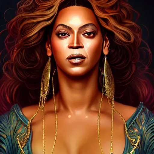 Image similar to Beyonce as a fantasy magic woman portrait, sci-fi, amber eyes, face, long hair, fantasy, intricate, elegant, highly detailed, digital painting, artstation, concept art, smooth, sharp focus, illustration, art by artgerm and greg rutkowski and alphonse mucha