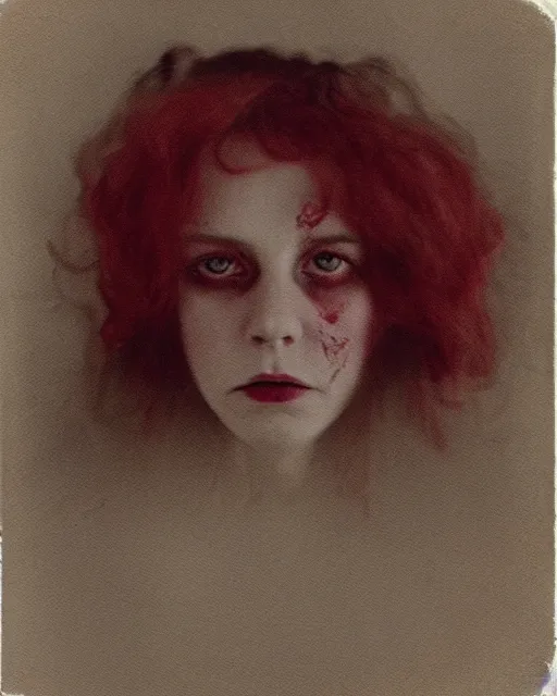 Image similar to an instant photo of a beautiful but sinister ghost in layers of fear, with haunted eyes and wild blonde hair, 1 9 7 0 s, seventies, woodlands, delicate embellishments, a little blood, crimson, painterly, offset printing technique, mary jane ansell