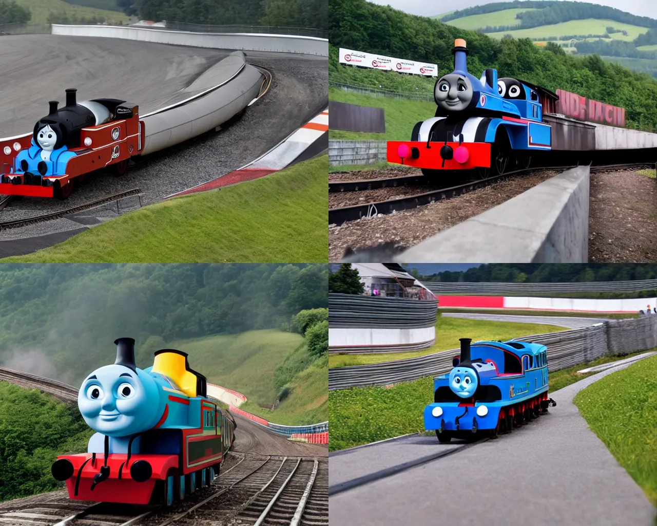 Prompt: Thomas the Tank Engine, as a sports car, at the Nurburgring Nordschleife setting a hot lap