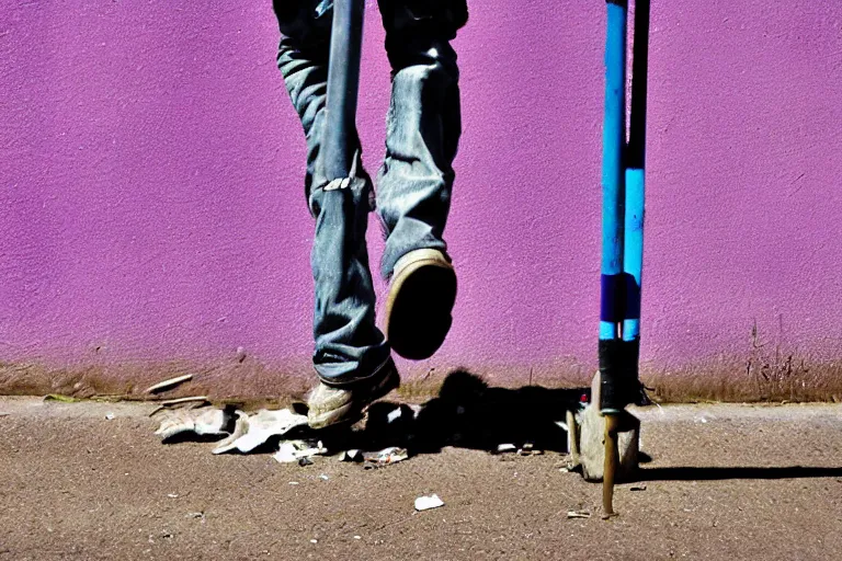 Prompt: pogo sticking runaway hobo, abstract, dusty, grungy, purple