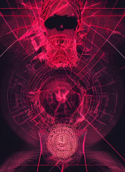 Image similar to dark design poster showing thus spoke zarathustra, black background with very subtle red and purple design elements, powerful, nekro, vito acconci, thin straight lines, dark, glitch art, neo vaporwave, gritty, layout frame, square, extremly detailed, trending on artstation