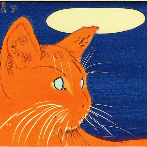 Image similar to a painting of an orange cat staring profoundly towards the viewer, a woodcut by katsushika hokusai, pixabay contest winner, ukiyo - e, ukiyo - e, cyanotype, woodcut