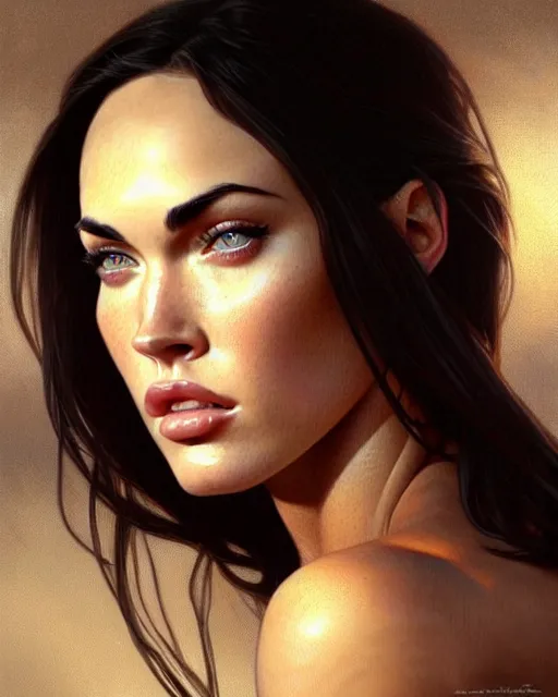 Prompt: portrait of megan fox with hot face expression, intricate, headshot, highly detailed, digital painting, artstation, concept art, sharp focus, cinematic lighting, illustration, art by artgerm and greg rutkowski, alphonse mucha, cgsociety