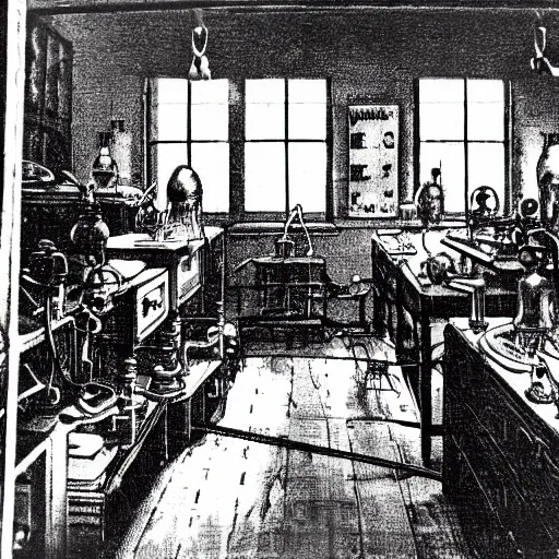 Image similar to and old victorian laboratory with lots of medical instruments, human heads in jars, one head is alive and looking at the camera