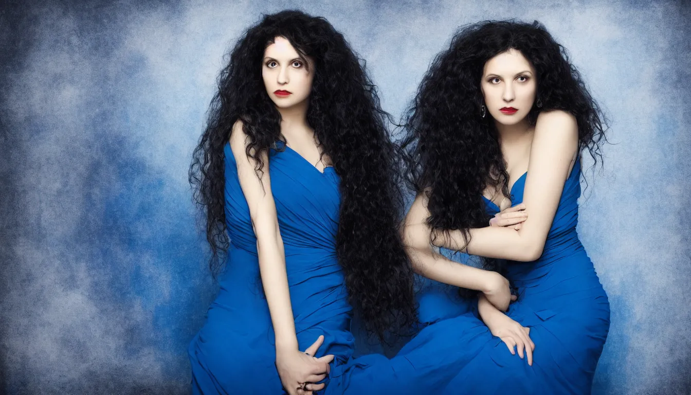 Prompt: a portrait photography of a beautiful woman with black long curly hair and full body dress in blue by Annie Leibovitz, soft professional studio lighting, dramatic colors scheme, fine art photography, dramatic colors background, 50 mm sigma art