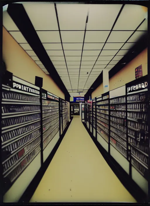 Prompt: polaroid photograph of the inside of an empty blockbuster store, liminal space, lonely, mannequins, black mold, cinematic, 3 5 mm, raw, unedited, 4 k, hd, the fifth element