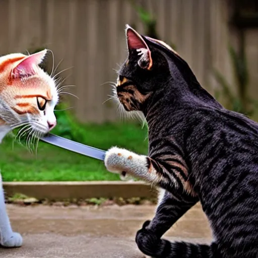 Image similar to cats fighting like samurai