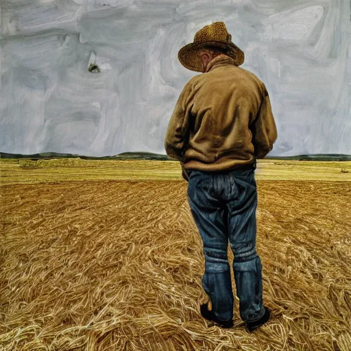 Image similar to high quality high detail painting by lucian freud, hd, farmer looking at the distance with despair, photorealistic lighting