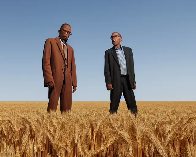 Prompt: extreme long shot of walter white and gustavo fring standing in front of each other from a distance in a wheat field, low angle, side view, 8 5 mm photograph, 8 k resolution, wide shot, sharp lens