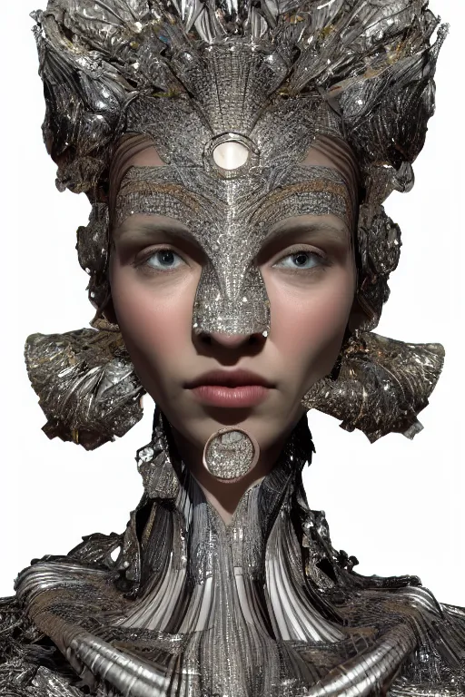 Image similar to a highly detailed medium shot 8 k render portrait of an alien goddess fashion model in iris van herpen dress schiaparelli in diamonds and jewelry in style of alphonse mucha trending on artstation made in unreal engine 4