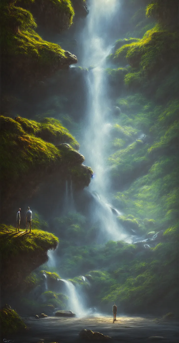 Prompt: highly detailed wide angle painting of a man standing near waterfall from mountains at the time of evening, canvas fantasy oil painting, art by greg rutsowski, concept art, 8 k detail post - processing