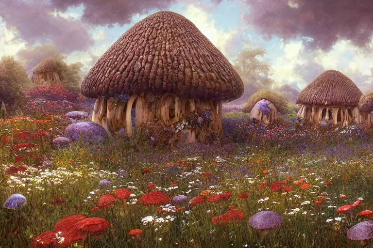 Prompt: a beautiful digital painting of a sprawling mushroom house in a field of flowers, beautiful day, stream, by greg rutkowski, gerald brom, marc simonetti, jean - baptiste monge, and alphonse mucha, symmetry, complementary colors, ink illustration, trending on artstation