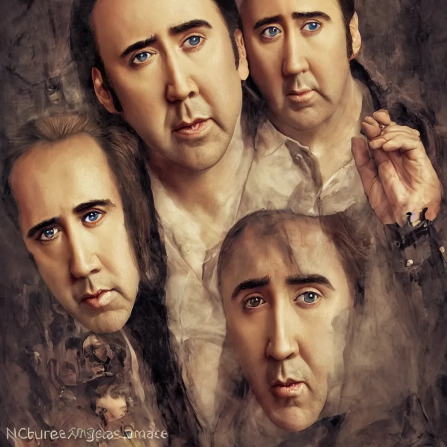 Prompt: a beautiful Nicolas Cage with large eyes and small nose, children\'s book cover