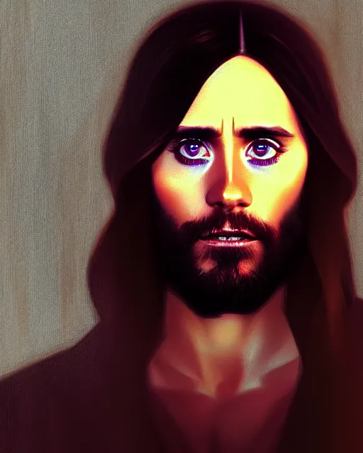 Prompt: stylized jared leto as jesus christ, moody cinematic colors, one single head, realistic shaded, fine details, realistic shaded lighting poster by ilya kuvshinov, magali villeneuve, artgerm, jeremy lipkin and michael garmash and rob rey